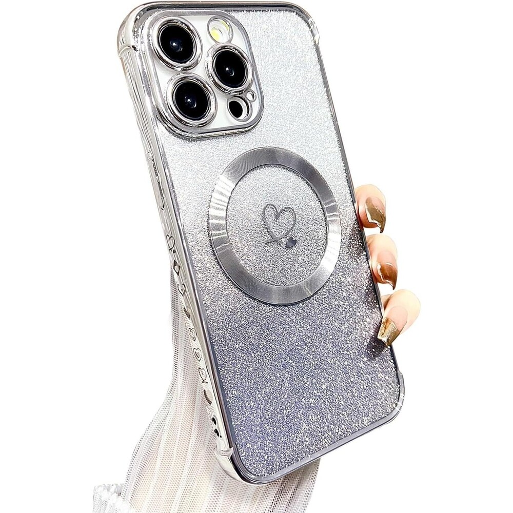 iPhone 15 Pro Max Case Magnetic Soft Cute Luxury Love Heart Silver MagSafe Clear